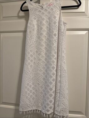 Lilly Pulitzer White Crochet Shift Dress with Tassel Hem
